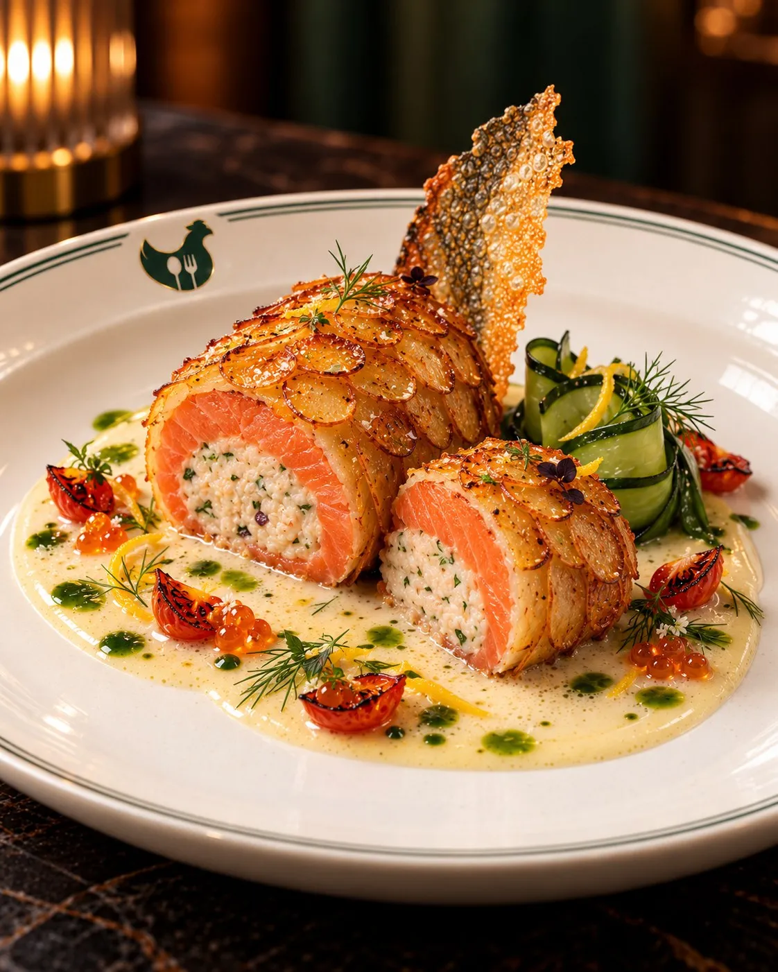 Concept art of the BC salmon at Bailey’s: a roll of wild salmon wrapped in overlapping crisp potato scales and filled with crab, sliced to show the pink salmon and white filling, a shard of crisp salmon skin standing upright, ribbons of cucumber, blistered cherry tomatoes, salmon roe, dill and drops of green oil in a pool of beurre blanc, on a white plate with the White Spot chicken on the rim