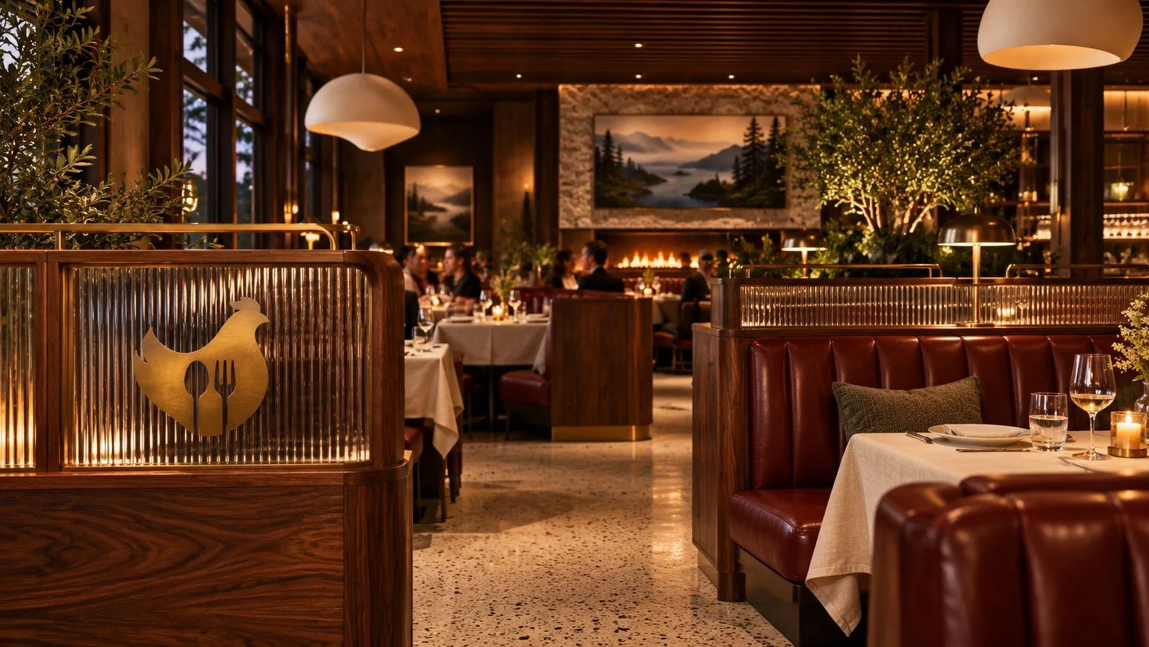 Concept art of the booths at Bailey’s: walnut booths upholstered in oxblood leather, reeded-glass and brass partitions with a gilded White Spot chicken, terrazzo floors, white linen, milk-glass pendant lamps and a painting of the BC coast on a stone wall above a fireplace