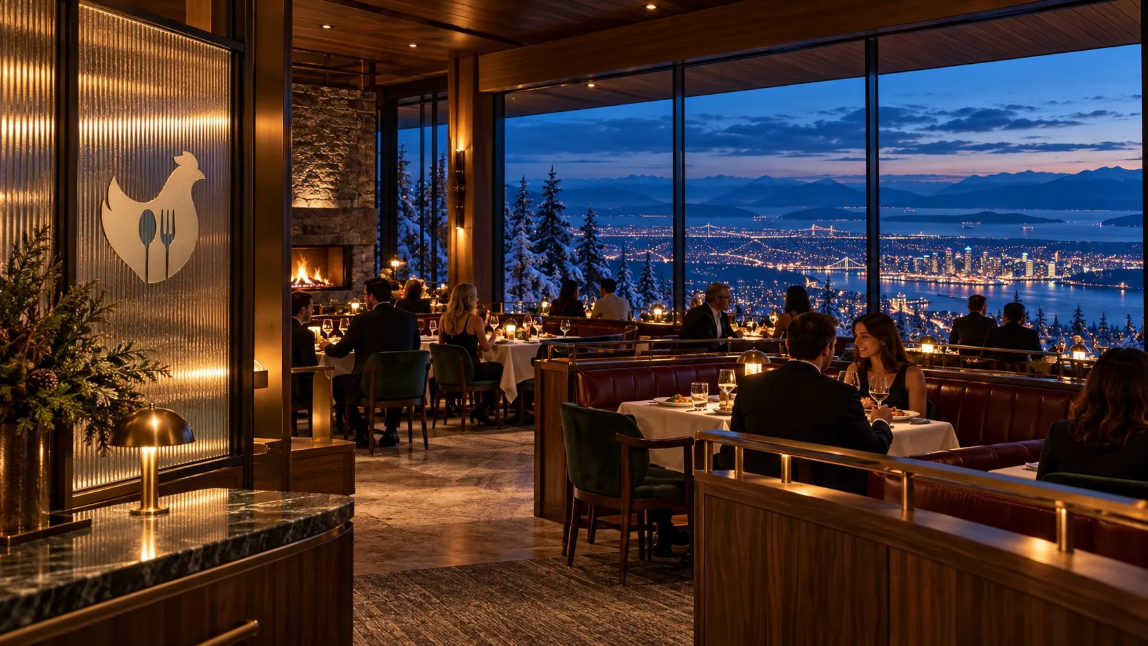 Concept art of the Bailey’s dining room at dusk: a dark marble host stand with a brass lamp, reeded-glass and walnut partitions with a White Spot chicken set into the glass, oxblood leather booths and green velvet chairs, a fireplace in a stone wall, and floor-to-ceiling windows looking down over the Vancouver skyline, harbour and mountains with snow on the cedars
