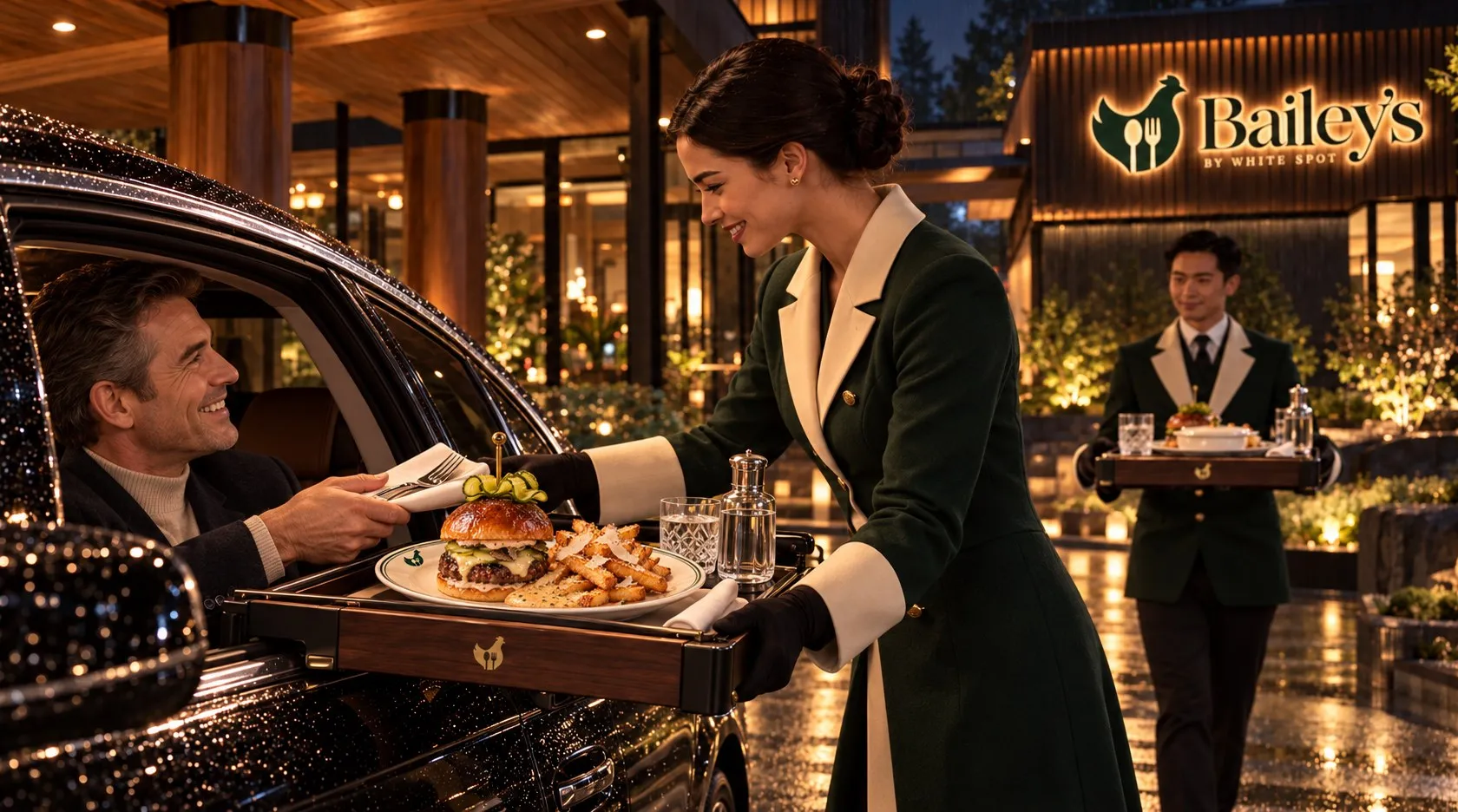 Concept art of the elevated car-hop service at Bailey’s: a car-hop in a tailored dark green coat with cream lapels and black leather gloves fixing a walnut and brass tray to the window of a black car, the tray holding the Legendary Burger and parmesan fries on a White Spot plate with crystal glasses and a linen napkin, a second car-hop carrying a tray behind, and the lit Bailey’s by White Spot sign on the building