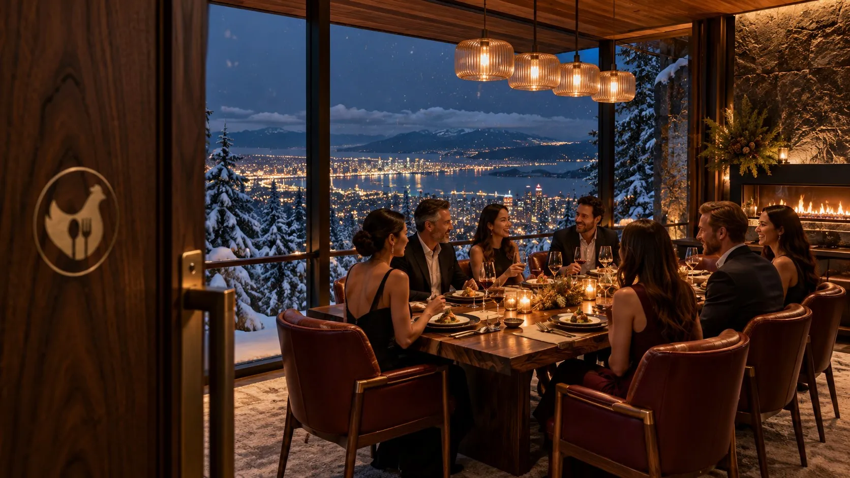 Concept art of the private dining room at Bailey’s: a live-edge walnut table set for ten in oxblood leather chairs, floor-to-ceiling glass looking down over the Vancouver skyline, harbour and mountains at night with snow on the cedars, a fireplace in a stone wall, ribbed glass pendants over the table and a walnut door with the White Spot chicken set into it