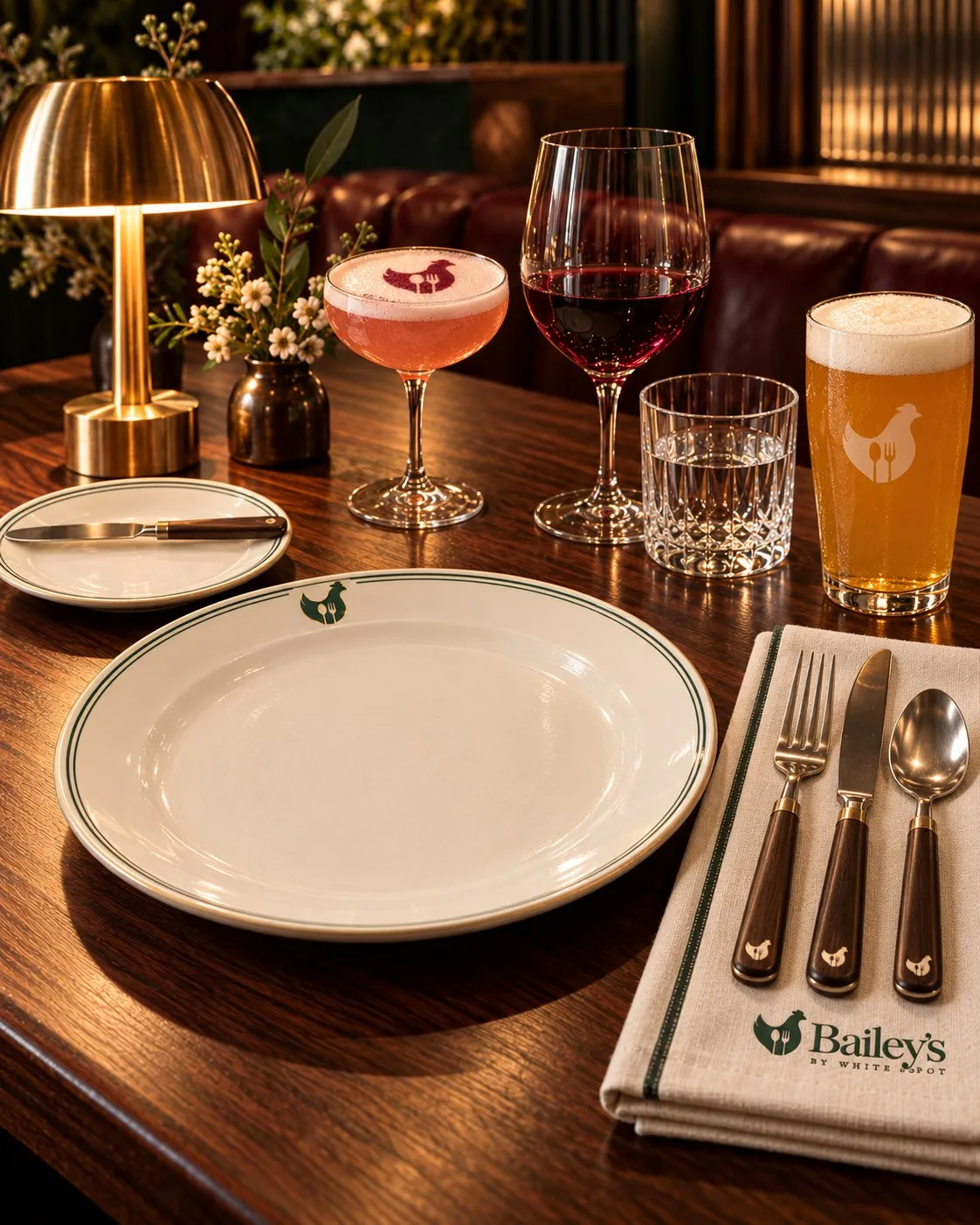 Concept art of the Bailey’s table setting: a cream plate with a green rim line and the White Spot chicken at the top, walnut-handled cutlery with the chicken inlaid in the ends laid on a linen napkin embroidered Bailey’s by White Spot, a pink coupe cocktail with the chicken stencilled on the foam, a glass of red wine, a cut-crystal tumbler, a pint of lager with the chicken etched on the glass, and a brass table lamp, on a dark wood table in front of oxblood leather booths