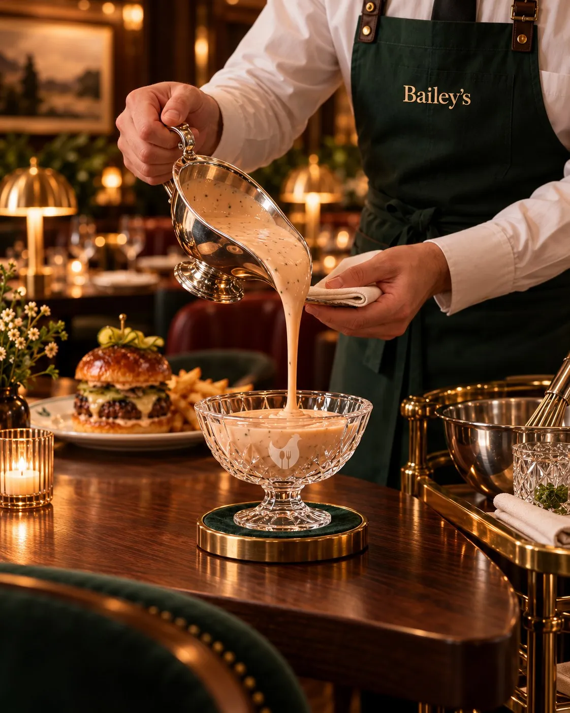 Concept art of tableside Triple O sauce service at Bailey’s: a server in a dark green Bailey’s apron pouring Triple O sauce from a silver sauce boat into a cut-crystal bowl with the White Spot chicken frosted on it, set on a green velvet coaster with a brass rim, beside a Legendary Burger and fries on a dark wood table, with a brass service cart alongside