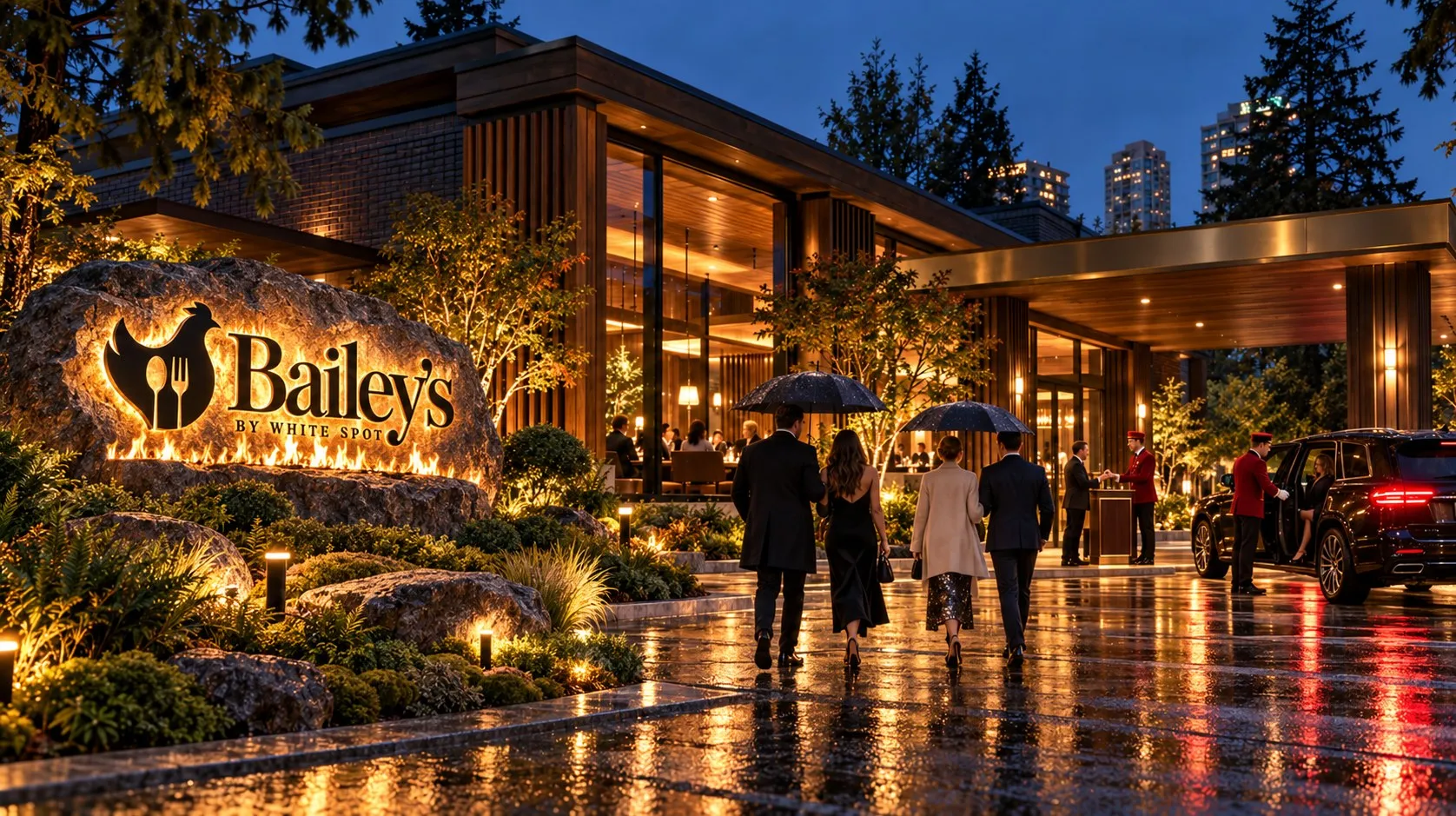 Concept art of the Bailey’s exterior at night. A warm timber and glass building among cedars, a stone sign reading “Bailey’s by White Spot” lit by a line of flame, guests under umbrellas crossing a rain-slick forecourt, and valets in red jackets at the porte-cochère.