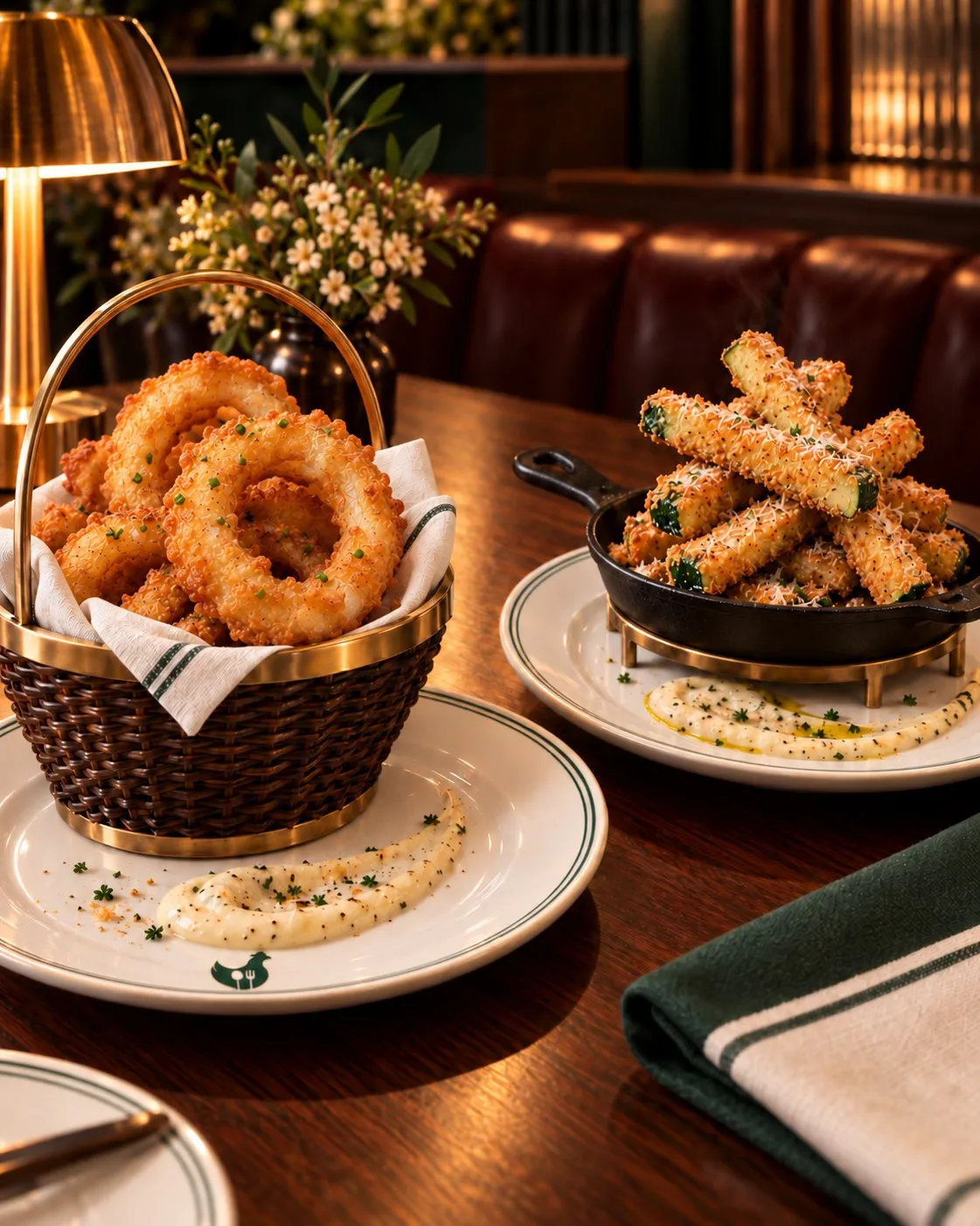 Concept art of elevated Zoo Sticks and onion rings at Bailey’s: a wicker basket with a brass handle lined with linen and filled with crisp onion rings, and a small cast-iron pan on a brass stand piled with breaded zucchini sticks under grated parmesan, each on a white plate with a green rim line, the White Spot chicken and a swoosh of ranch, with a brass lamp and a dark green napkin on a wood table in front of oxblood booths